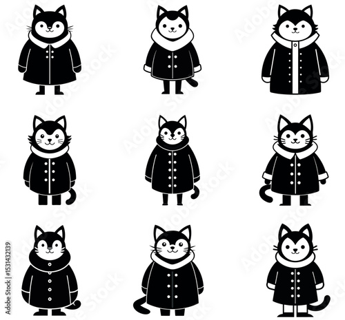 Cute Husky Dog in Winter Coat Clipart Illustration Set