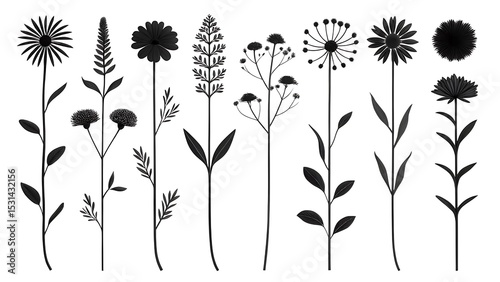 Botanical silhouettes of various flowers isolated on white background
