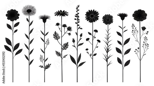 Silhouetted wildflowers isolated on white background, botanical illustration