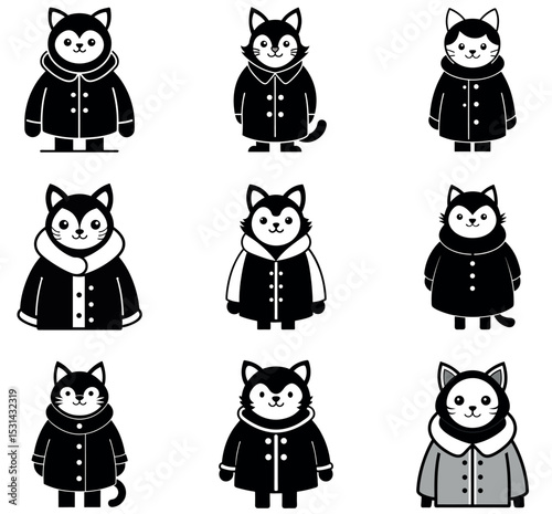 Cute Husky Dog in Winter Coat Clipart Illustration Set