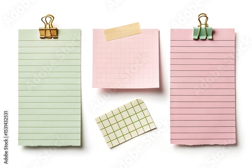 Colorful memo notes isolated on white background with binder clips