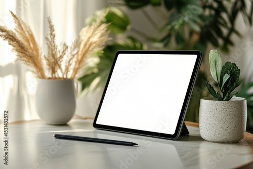 Blank tablet screen on table.