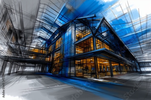 Modern Industrial Building Sketch with Glass and Warm Interior Light