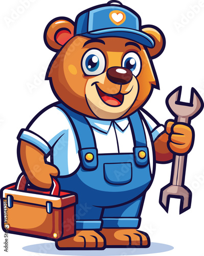 Cartoon bear mechanic holding a wrench and toolbox