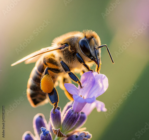 Extreme macro photograph of a single honeybee landing on a simple lavender flower. The bee is captured in ultra-high detail, with individual hairs on its body and tiny yellow pollen grains