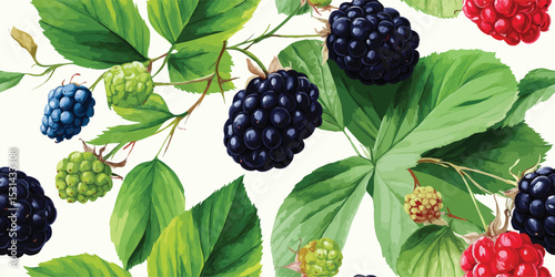 Vibrant Watercolor Ripe Blackberry Fruit Seamless Pattern. Fresh Berry Harvest Design for trendy design, textile, packaging, fabric, wallpaper, branding, stationery, wrapping paper interior decor.