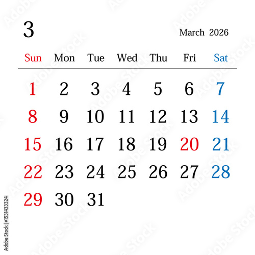 2026年3月、日本のカレンダー