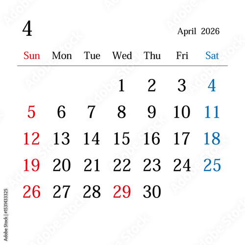 2026年4月、日本のカレンダー