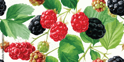 Vibrant Watercolor Ripe Blackberry Fruit Seamless Pattern. Fresh Berry Harvest Design for trendy design, textile, packaging, fabric, wallpaper, branding, stationery, wrapping paper interior decor.