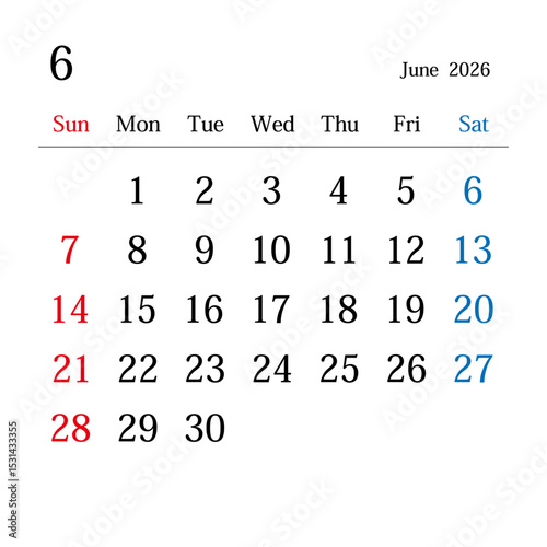 2026年6月、日本のカレンダー