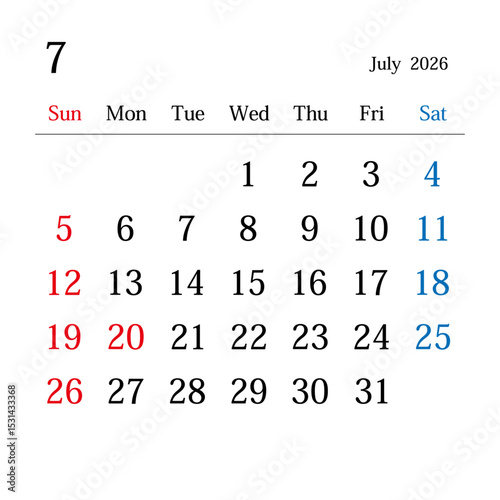 2026年7月、日本のカレンダー