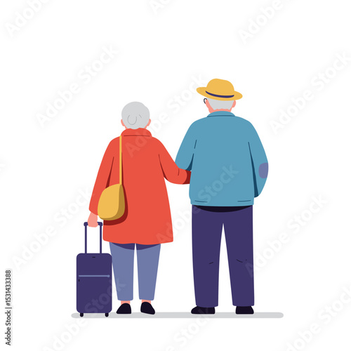 Elderly couple traveling together while holding hands and carrying luggage  