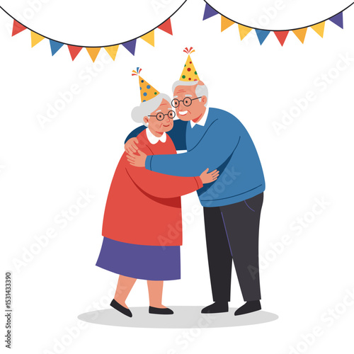 Elderly couple hugging at party with festive decorations and hats  