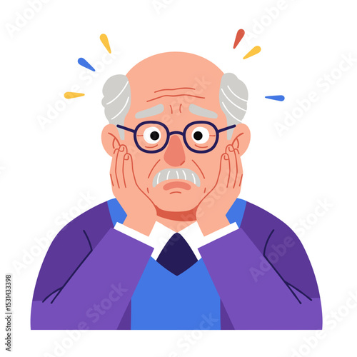 Elderly man looking anxious while holding his face with hands  