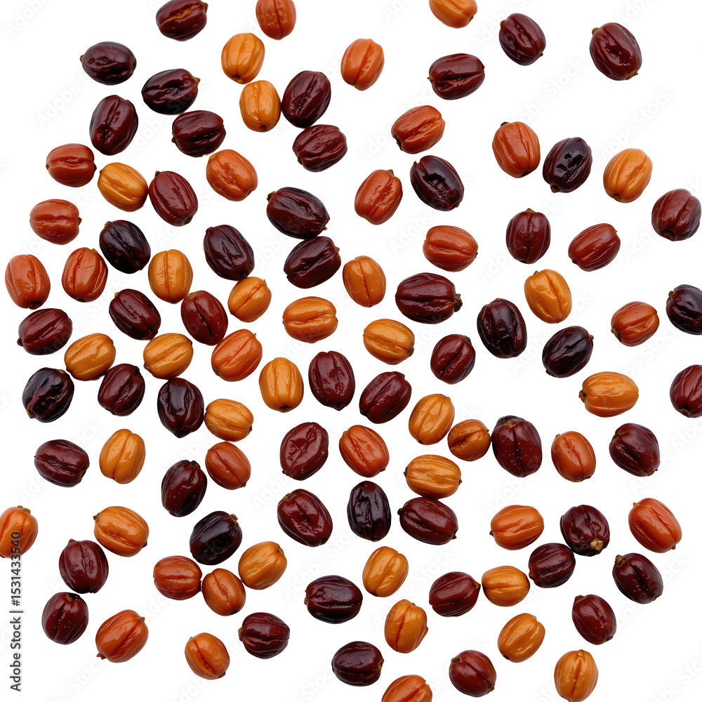 Obraz premium Colorful assortment of various beans scattered on a white background highlighting natural textures and shapes