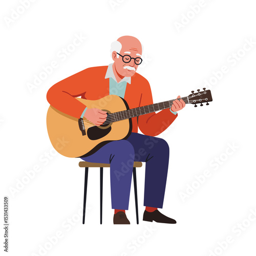 Elderly man playing guitar while sitting on a chair in casual attire  