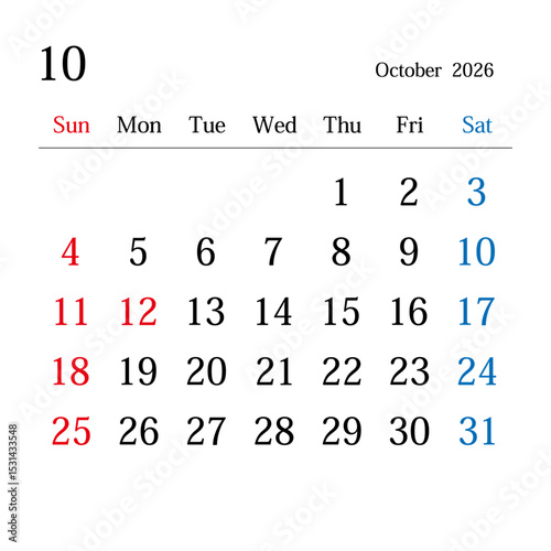2026年10月、日本のカレンダー