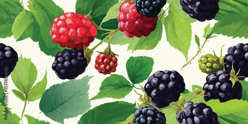 Vibrant Watercolor Ripe Blackberry Fruit Seamless Pattern. Fresh Berry Harvest Design for trendy design, textile, packaging, fabric, wallpaper, branding, stationery, wrapping paper interior decor.