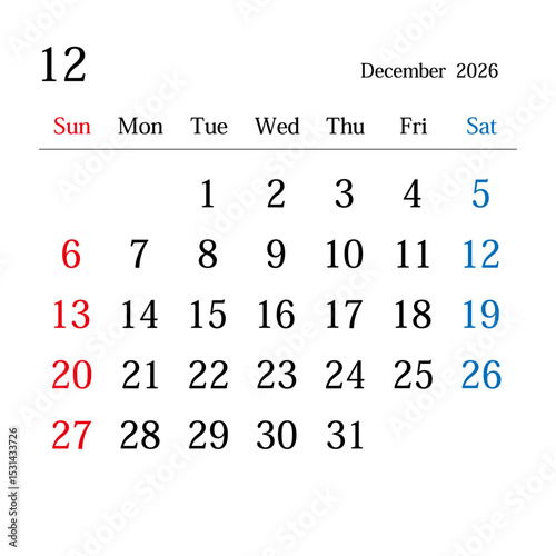2026年12月、日本のカレンダー