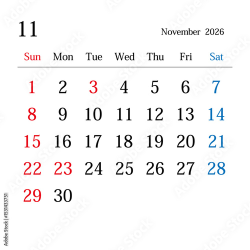 2026年11月、日本のカレンダー