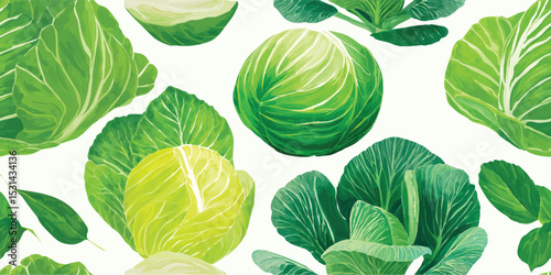 Green Cabbage Vegetable Watercolor Seamless Pattern. Fresh Healthy Food Botanical Design for trendy textile, packaging, fabric, wallpaper, branding, stationery, wrapping paper interior decor.