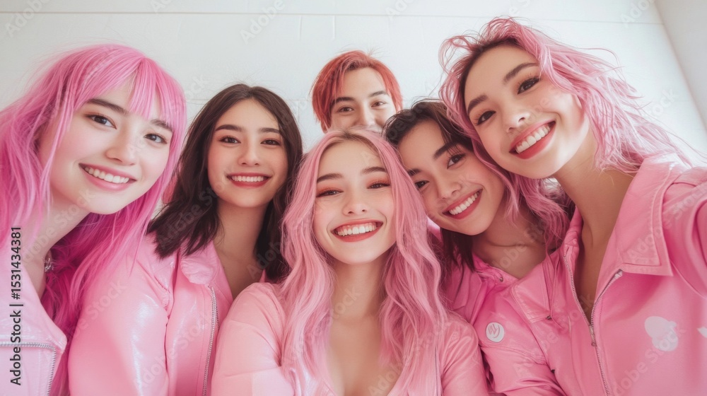 Group Portrait of Young Adults in Pink Attire with Varied Hair Colors Indoors Group Portrait of Young Adults in Pink Attire with Varied Hair Colors Indoors