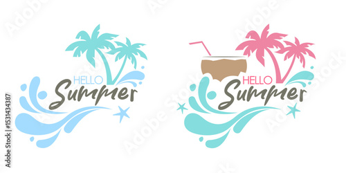 Handwritten summer time logo variants, with coconut and palm trees, summer atmosphere, sea waves. Stamp, print. Vector illustration, image. EPS 10