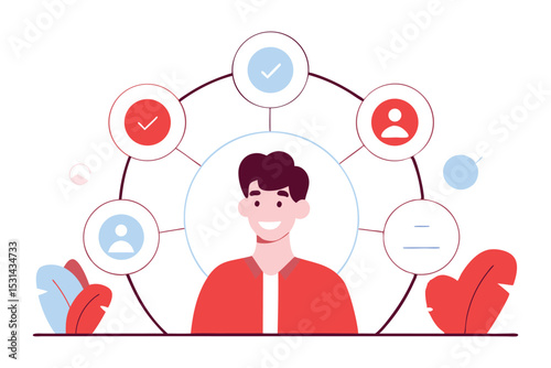 A circle of playful icons like resume, portfolio, avatar, and social links orbiting a smiling character.