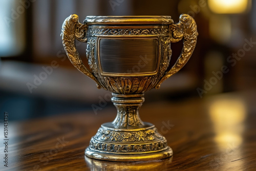 Trophy on wooden table.