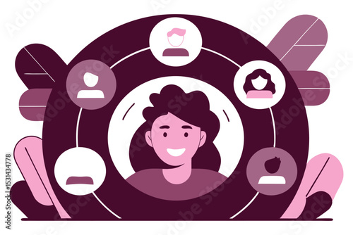 A circle of playful icons like resume, portfolio, avatar, and social links orbiting a smiling character.