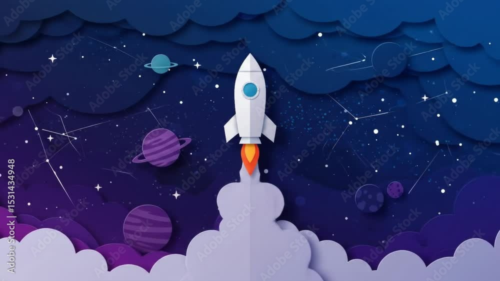 Rocket Launching into Space - Paper Art Style - A white rocket blasts off into a vibrant, stylized space scene, depicted in a charming paper-cut art style. Planets, stars