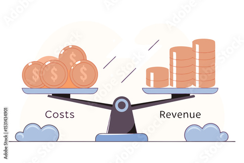 A cute cartoon seesaw balancing Costs and Revenue with coins and cloud charts.