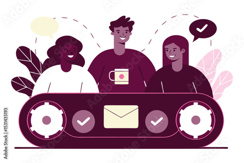 A rounded conveyor belt carrying icons like email, task, coffee cup, and report with smiling avatars directing flow