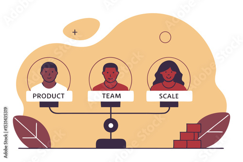 A sandbox with diverse round avatars building blocks labeled “Product,” “Team,” “Scale.”.