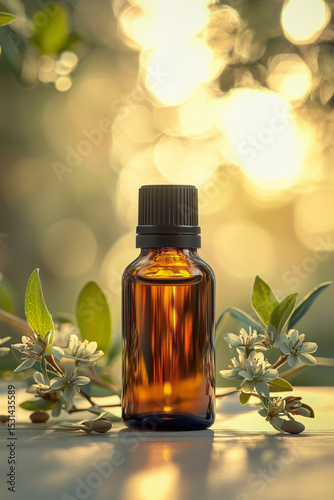 Jojoba oil bottle placed among delicate flowers in soft golden light