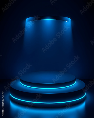 Illuminated Podium Stage: A sleek, modern podium stage is bathed in a cool, ethereal blue light, creating a dramatic and visually striking setting, perfect for showcasing an object or performance.