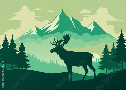 nature mountain tree and dear landscape vector 