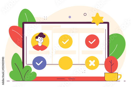 Cartoon dashboard with video, checklist, quiz and badge icons in pill shapes and soft shadows
