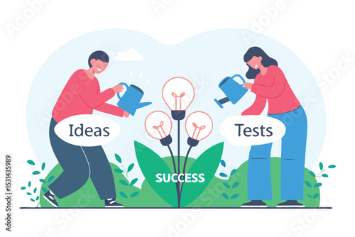 Characters watering lightbulb flowers in a circular garden labeled “Ideas,” “Tests,” “Success.”.