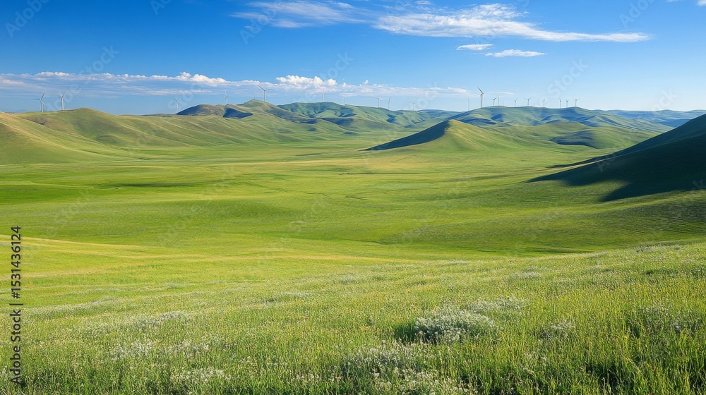 Fototapeta premium Lush Green Grassy Meadow with Distant Hills Under a Blue Sky on a Sunny Day