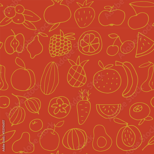 delicious juicy fruits seamless pattern. Bright seamless background for your design. Wrapping paper, textiles, wallpaper. Healthy food. Food doodle. Vector illustration.