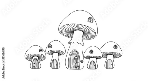 Whimsical mushroom houses in a fantasy style illustration  
