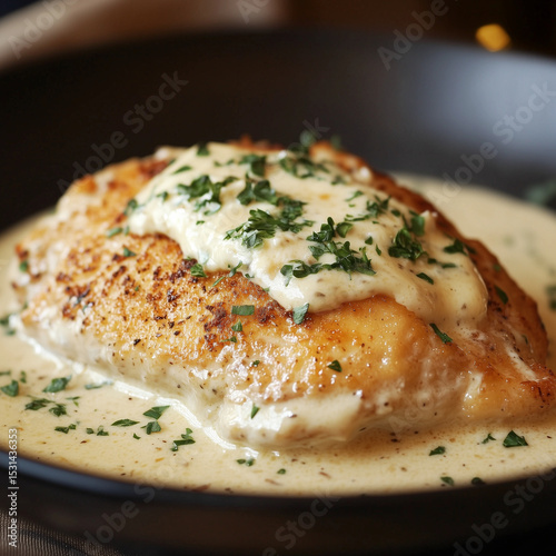 Chicken fillet in cream cheese and parmesan sauce on a black plate.