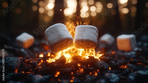 Marshmallows roasting over a campfire in a forest