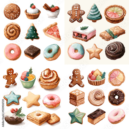 Adorable hand-drawn illustrations of donuts, cookies, gingerbread, tarts, and festive holiday desserts in pastel colors, ideal for Christmas or sweet-themed designs.

