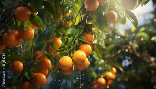 Fresh oranges hanging on a tree branch with droplets of water glistening in soft sunlight creating a vibrant and natural scene