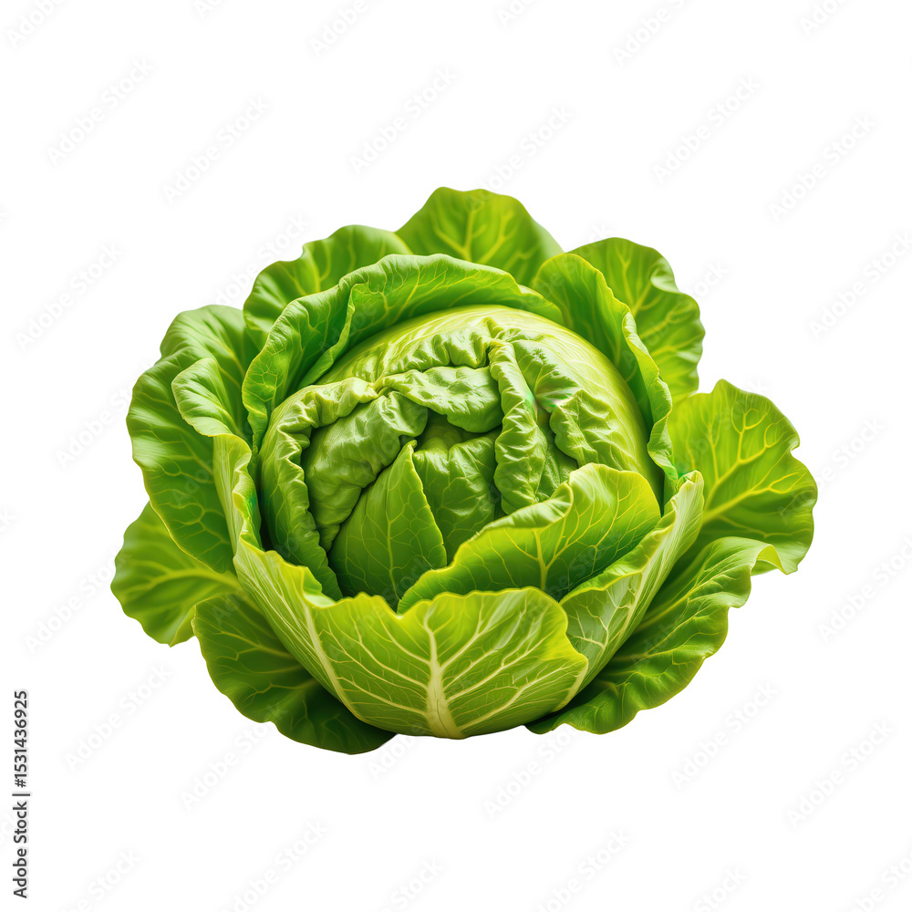 Obraz premium Fresh Green Cabbage Head with Crisp Leaves Isolated on White Background for Healthy Cooking and Nutrition