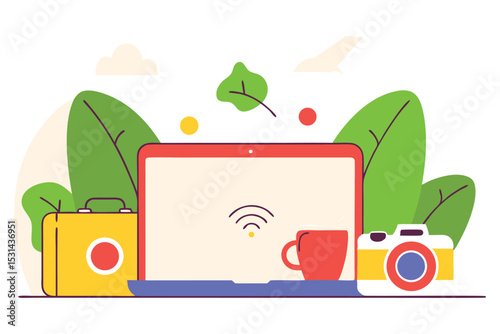 Laptop, passport, Wi-Fi, coffee, camera — all in soft, puffy vector style, scattered playfully