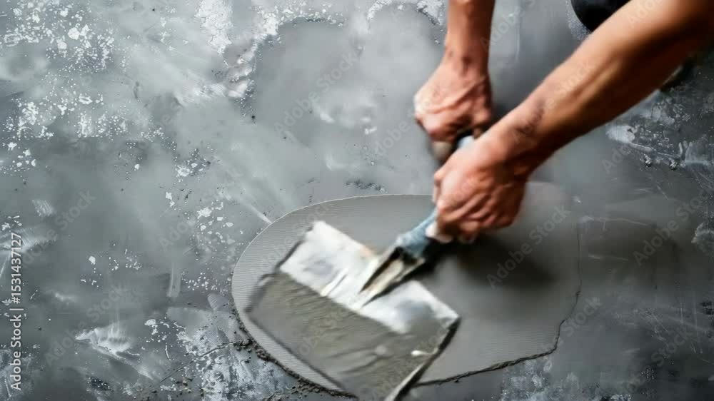 Skilled hands work to mix and apply concrete, ensuring a flawless and durable surface on the construction site