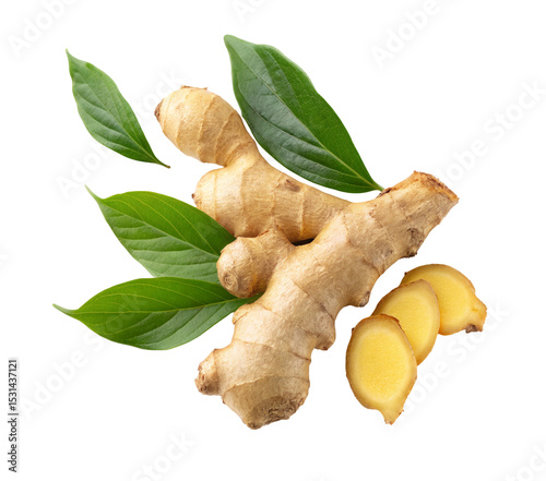 Fresh ginger root with green leaves for healthy eating and natural medicine on black background isolated
